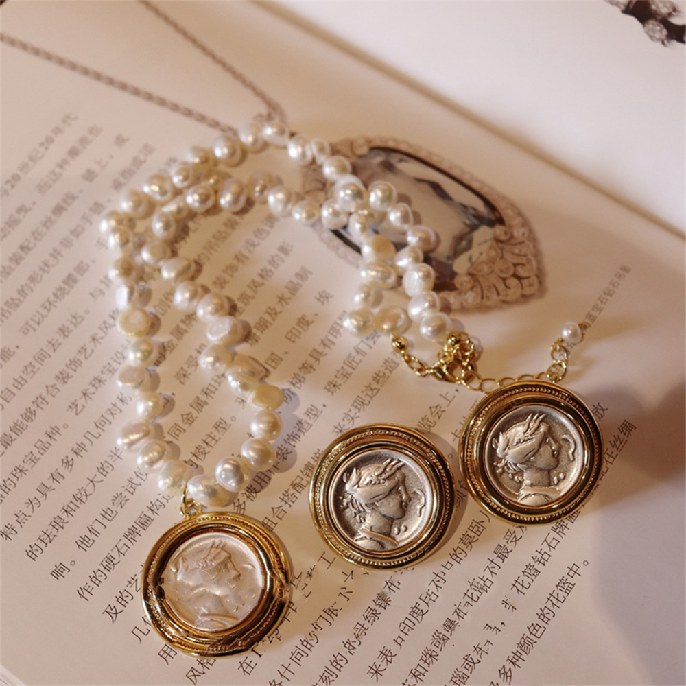 Colar e brincos com pingente retrato pérola alienígena para mulheres, conjuntos de jóias vintage para menina, moda