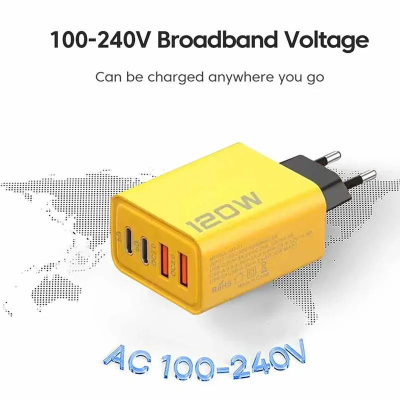 Быстрое зарядное устройство 120 Вт Type-C Quick Charge 3.0 USB-адаптер для Samsung iPhone Xiaomi 2PD 4 порта Быстрая зарядка Вилка европейского/американского стандарта