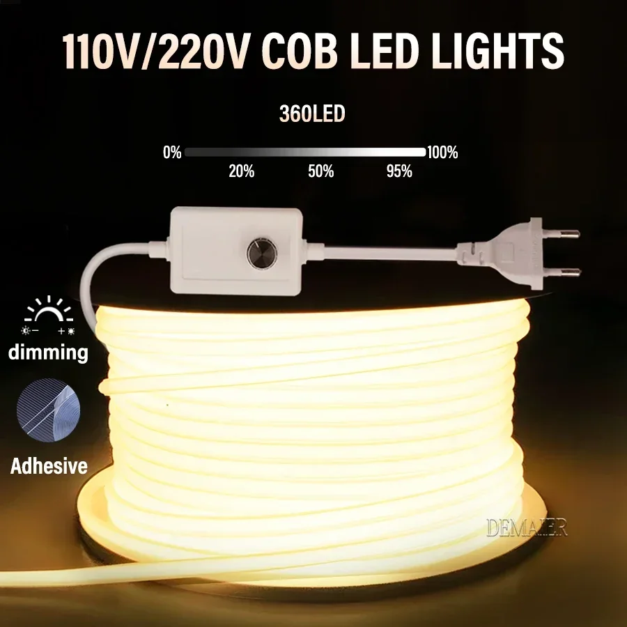 COB LED Neon Strip Light 220V EU Plug หรี่แสงได้/สวิทช์ RA90 360 LEDs/m High Lumen กันน้ําห้องครัวตู้เสื้อผ้า Backlight