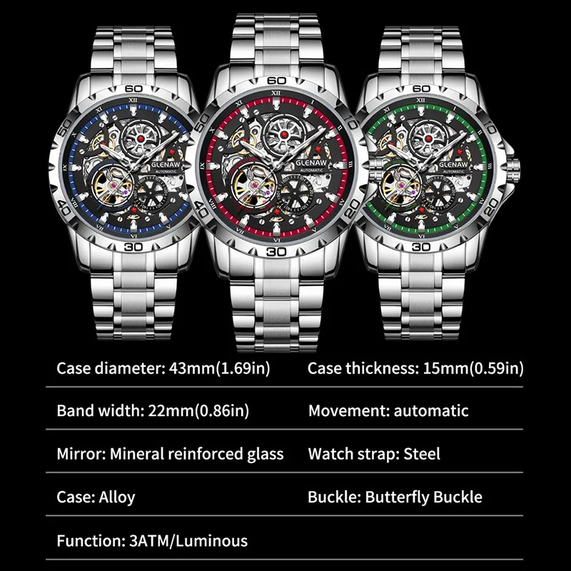 GLENAW Steampunk esqueleto reloj para hombre anillo de lujo relojes mecánicos automáticos luminoso impermeable reloj con correa de acero inoxidable