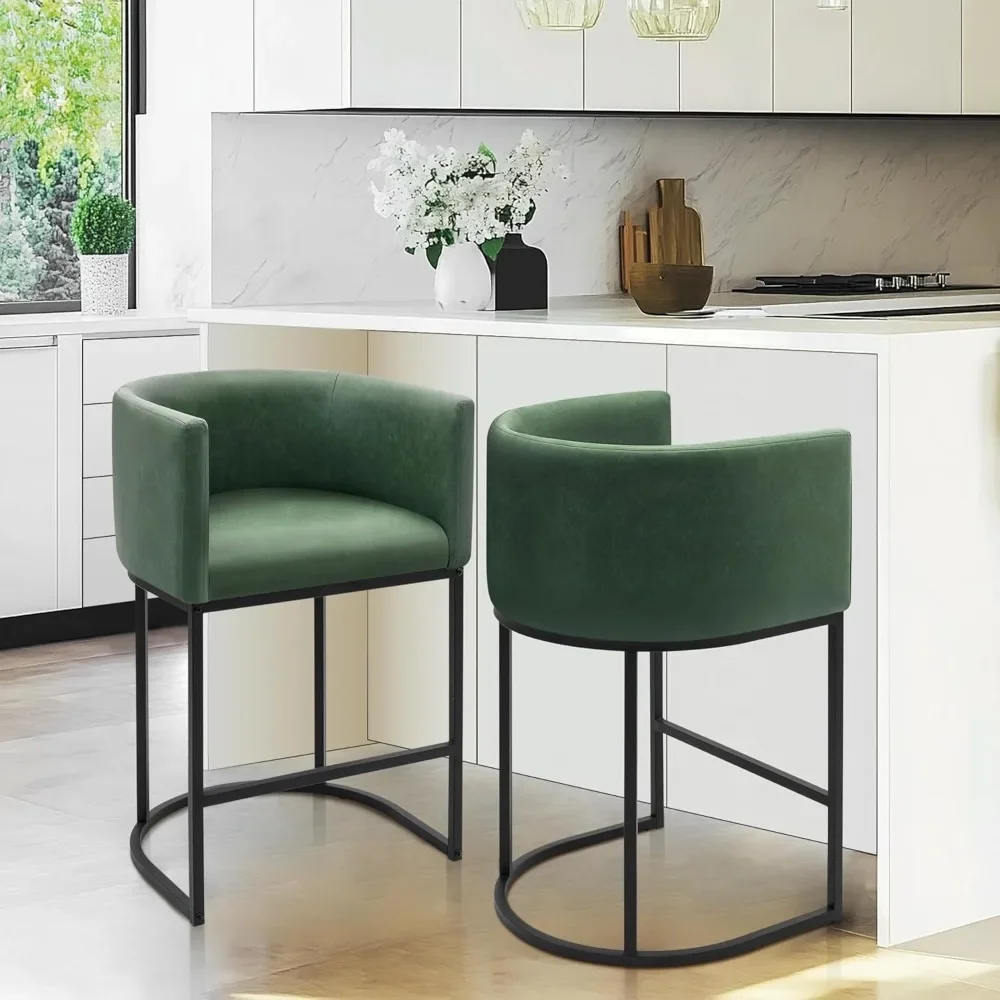 26" H Counter Height Bar Stools Set of 3, Modern Barrel Counter Stools with Backrest and Arms, Faux Leather Upholstered Accent