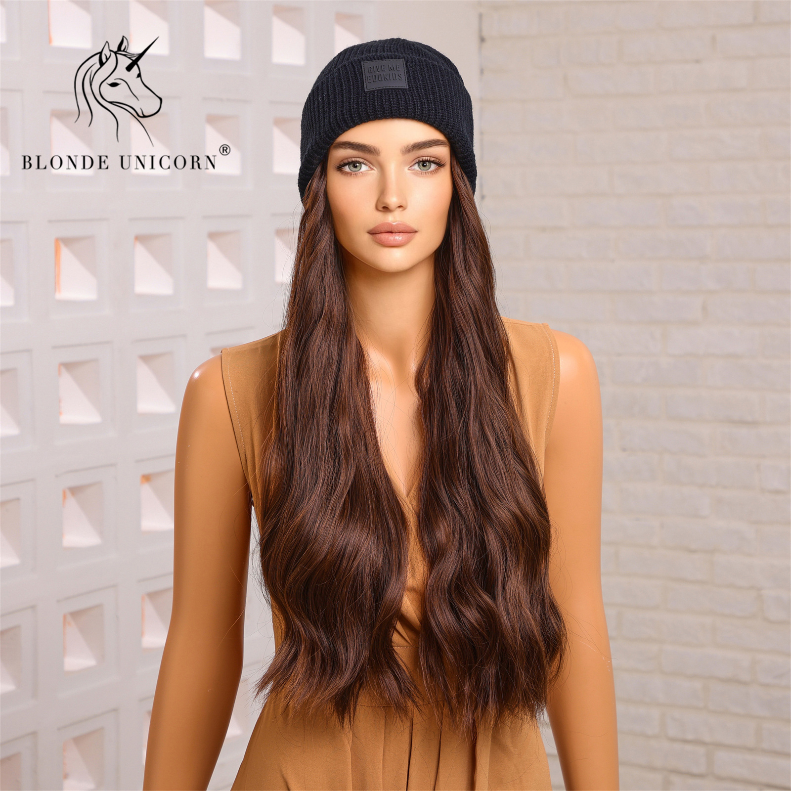 Blonde Unicorn หมวกวิกผมหมวกผมหมวกวิกผมสีน้ําตาลหยักวิกผมเชื่อมต่อผมสังเคราะห์ผู้หญิง Daily Party อุณหภูมิสูง