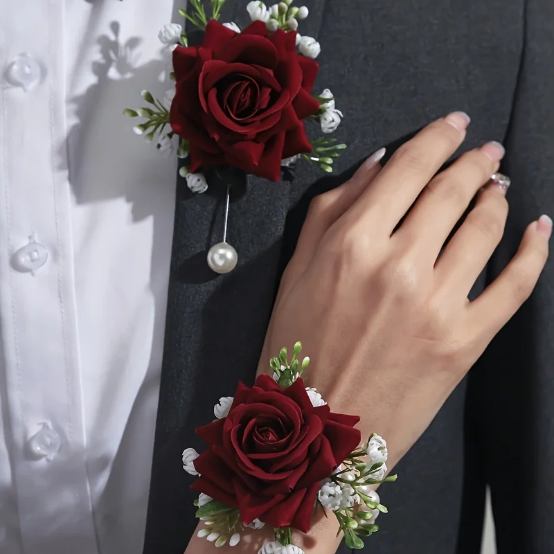 [2pcs Elegant Rose Corsage Set] 2pcs Elegant Rose Corsage and Wrist Flower Set in Polyester Fiber for School Events, Parties