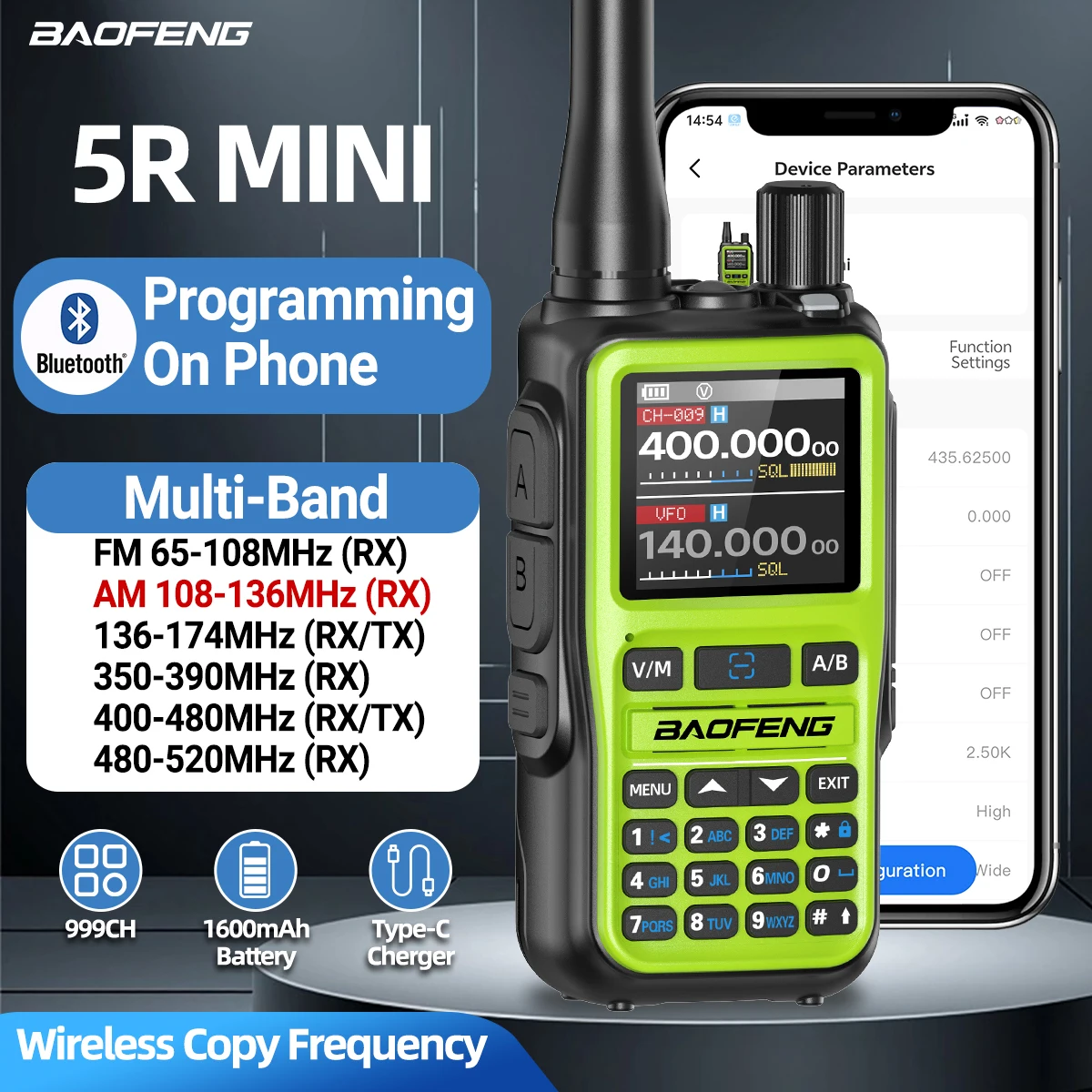 Baofeng UV-5R Mini Walkie Talkie Bluetooth programación frecuencia de copia inalámbrica banda completa 999CH AM FM tipo C Radioaficionado de largo alcance