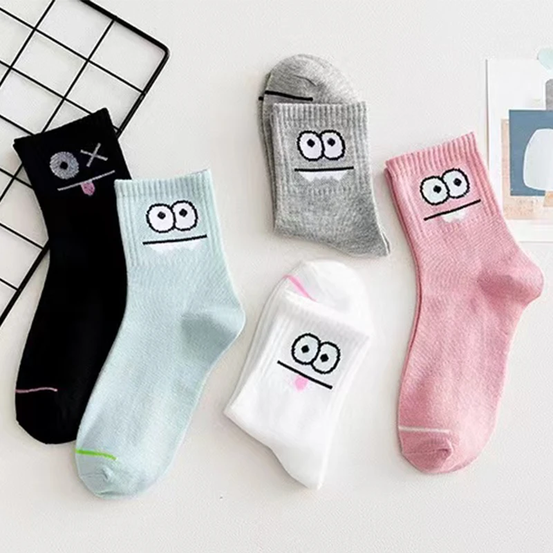 5 pares de calcetines con estampado de expresión linda: cómodos y divertidos calcetines a media pantorrilla, calcetines casuales ricos de algodón para mujer que combinan con todo