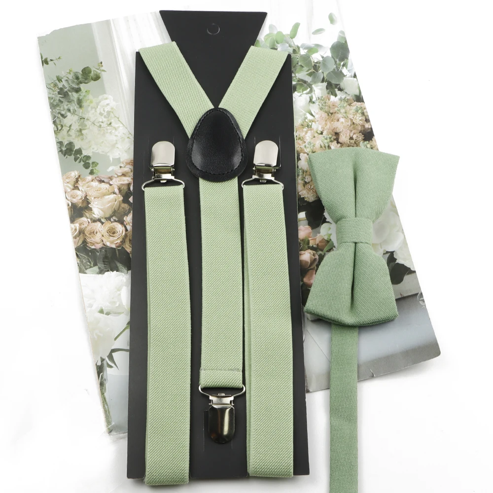 Solid Color Corduroy Bowtie With Elastic Leather Suspender Braces Set Y-back Bracket Soft Butterfly Adjustable Men's Suspension