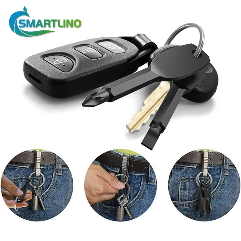 Mini แบบพกพาพวงกุญแจป้องกันตนเองกลางแจ้ง Multifunctional เครื่องมือการอยู่รอดไขควงส่วนบุคคล Defense Key แหวนเงินสีดำ