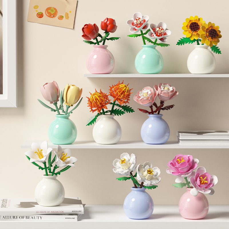 "Blocs de construction Forever Rose – Cadeau d'anniversaire romantique avec vitrine |   Roses et tournesols"