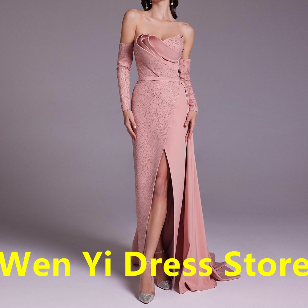 Customized Pink Jersey Evening Dress with Sparkly Sequined Modern Sweetheart Side Slit Detachable Sleeve Zipper Back Party Gowns