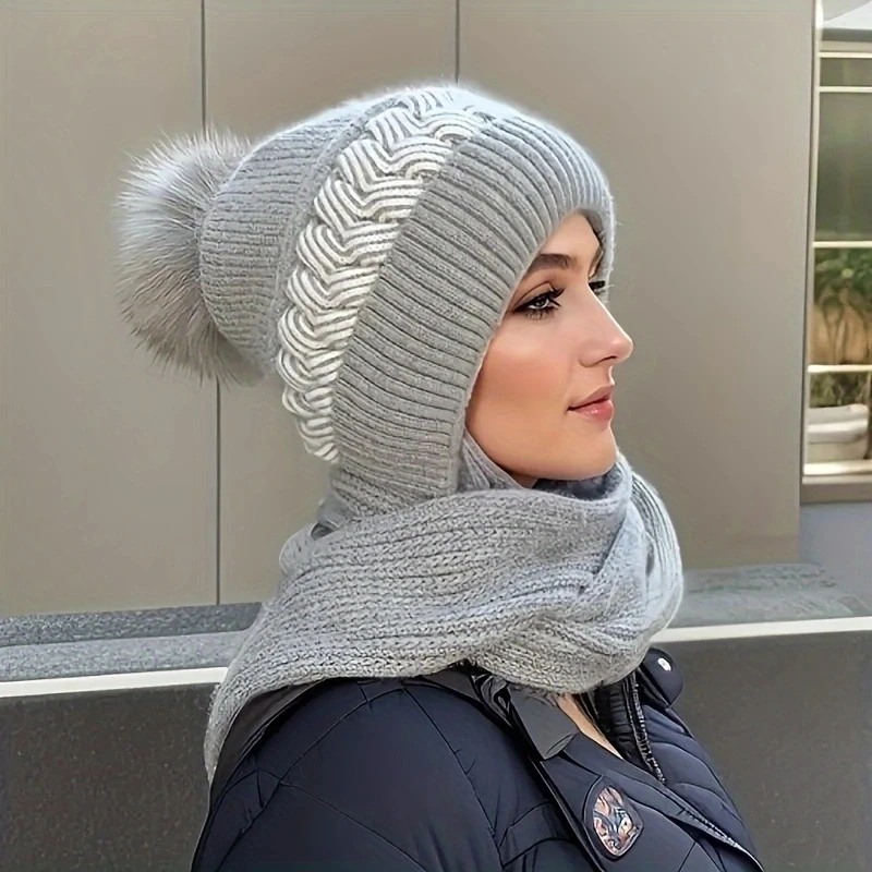 Cappello e sciarpa in uno, cappello invernale da donna caldo e versatile in lana autunnale e invernale, versione coreana alla moda con pulci aggiunti