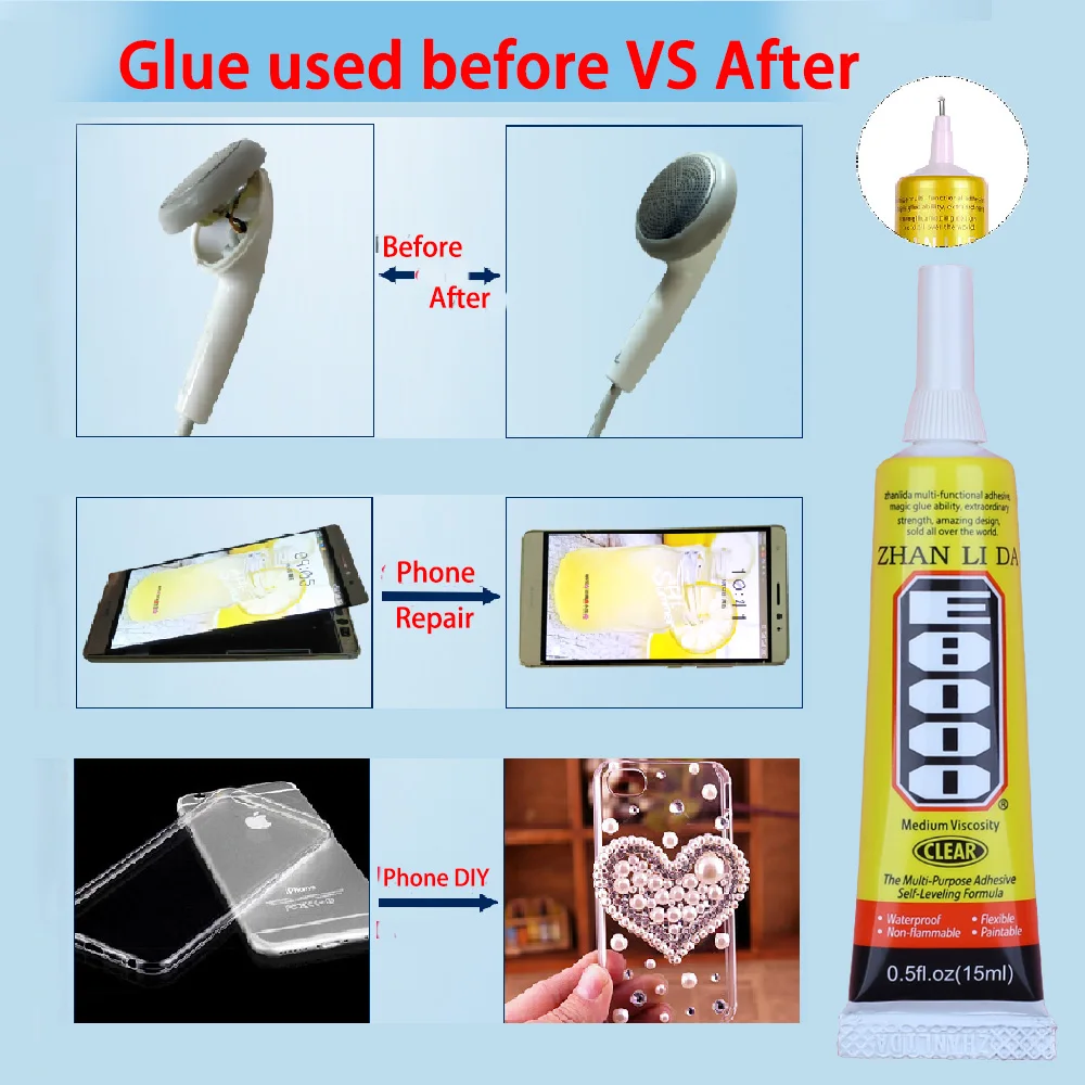 15/25/50/110ML กันน้ํา E8000 กาวซ่อมโทรศัพท์ผ้าไม้ Scrapbooking Contact กาว E-8000 w/Precision Applicator