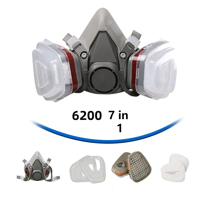 7 in 1 Original 6200 Respirator Reusable Half Face Cover Gas Mask with Cotton Filter Goggles for Painting Spray Polishing Work