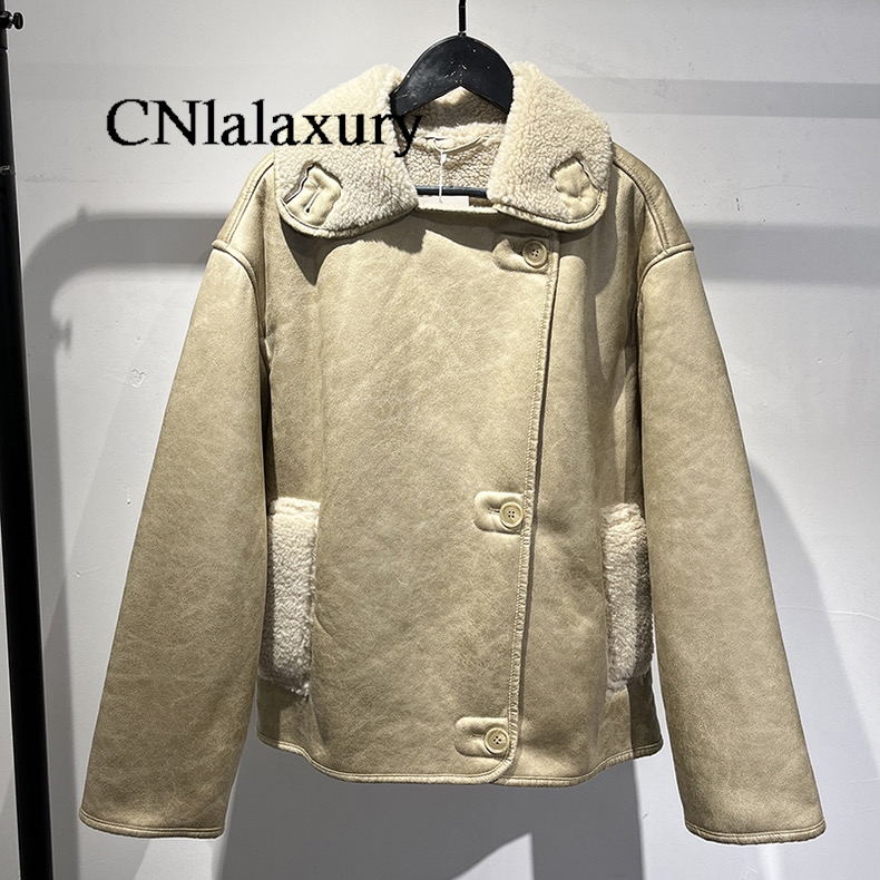 Clalaxury-女性用ラムウール厚手のジャケット、フェイクレザーアウター、ヴィンテージストリートウェア、シングルブレストポケット、暖かい、冬