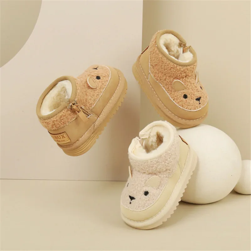 ฤดูหนาวใหม่เด็กรองเท้าบู๊ตหิมะหนังรูปแบบแกะน่ารักเด็กรองเท้า WARM Plush Soft Sole แฟชั่นเด็กวัยหัดเดินรองเท้า 15-25