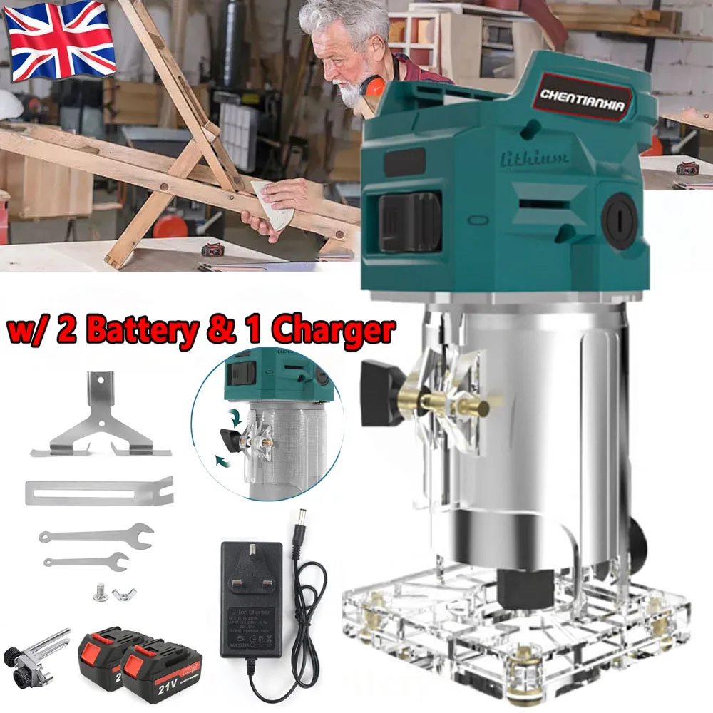 21V Cordless Wood Trimmer 1/4" Hand Palm Router Laminate Trimmer With 2 Battery