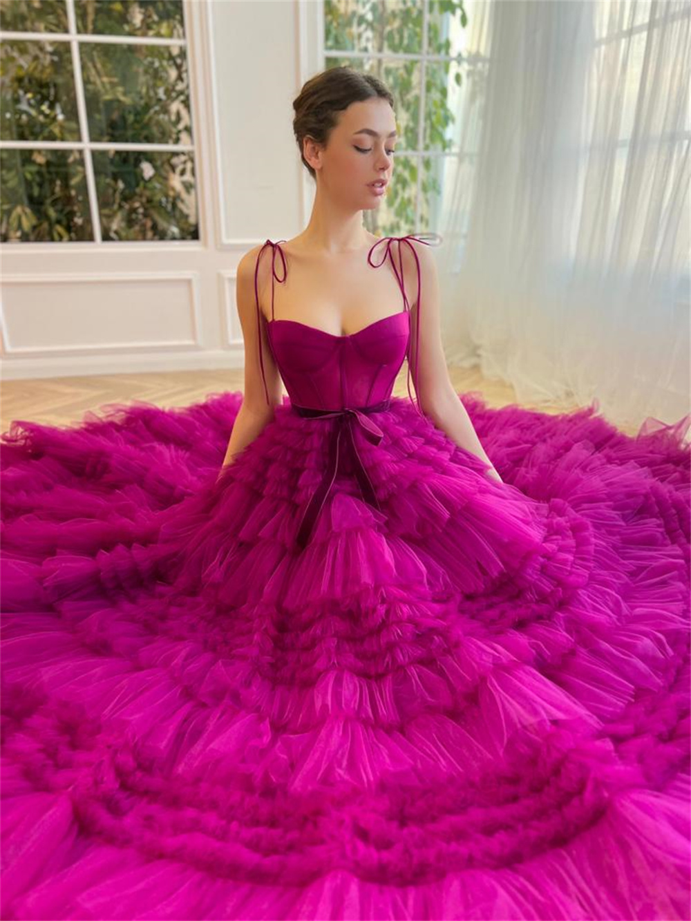 Sansa Sexy Spaghetti Strap Fuchsia فساتين السهرة Multilayer Tulle A-line Customized Prom Dress Princess Puffy Vestidos De Noche