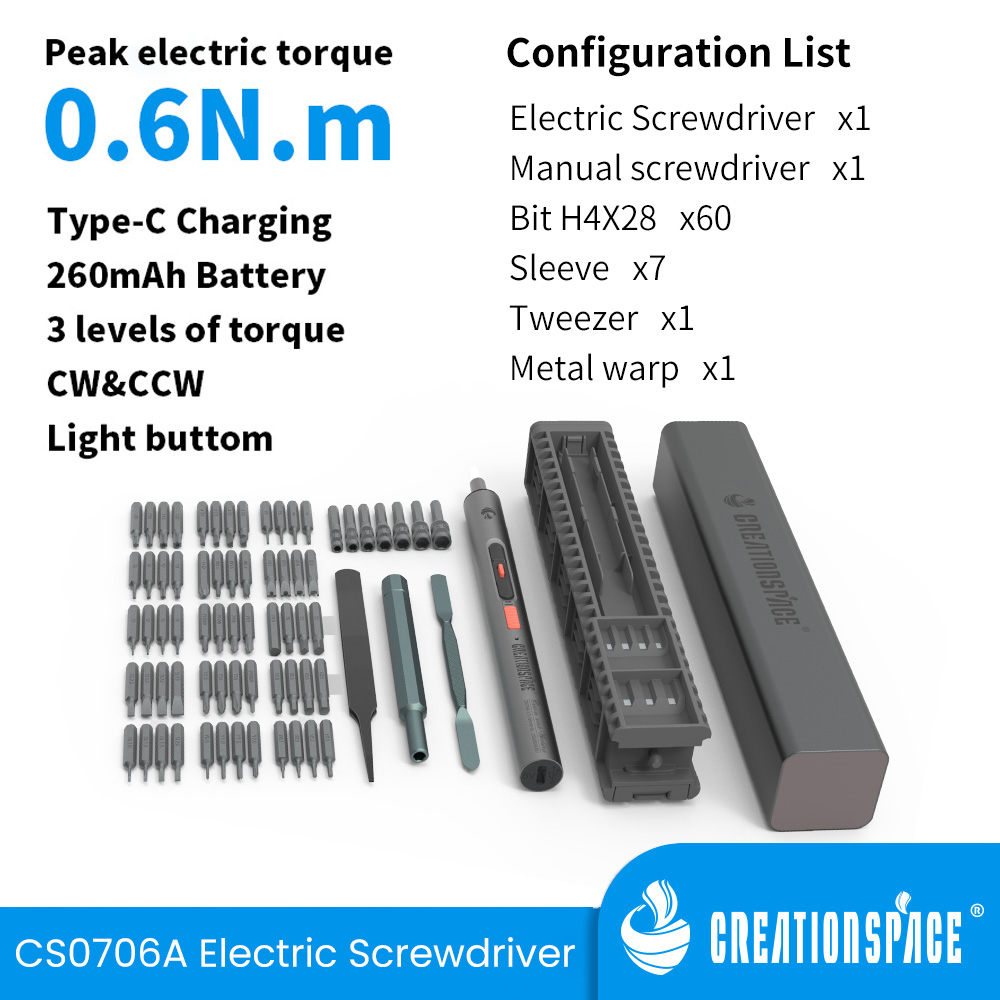 CREATIONSPACE CS0706A Juego de destornilladores eléctricos de precisión de alto torque, funda, pinzas, palanca, reparación de teléfonos móviles