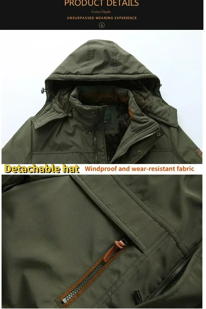 Parka de inverno masculino com vários bolsos, forro de lã espessada, jaqueta acolchoada à prova de frio, acampamento ao ar livre, boné removível, casaco quente masculino