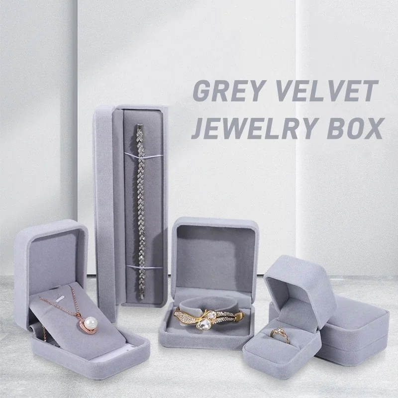 กํามะหยี่สีเทา Series กล่องเครื่องประดับแหวนสร้อยข้อมือจี้สร้อยคอกล่องเก็บเครื่องประดับของขวัญกล่องมุมโค้งมนกล่องเครื่องประดับ