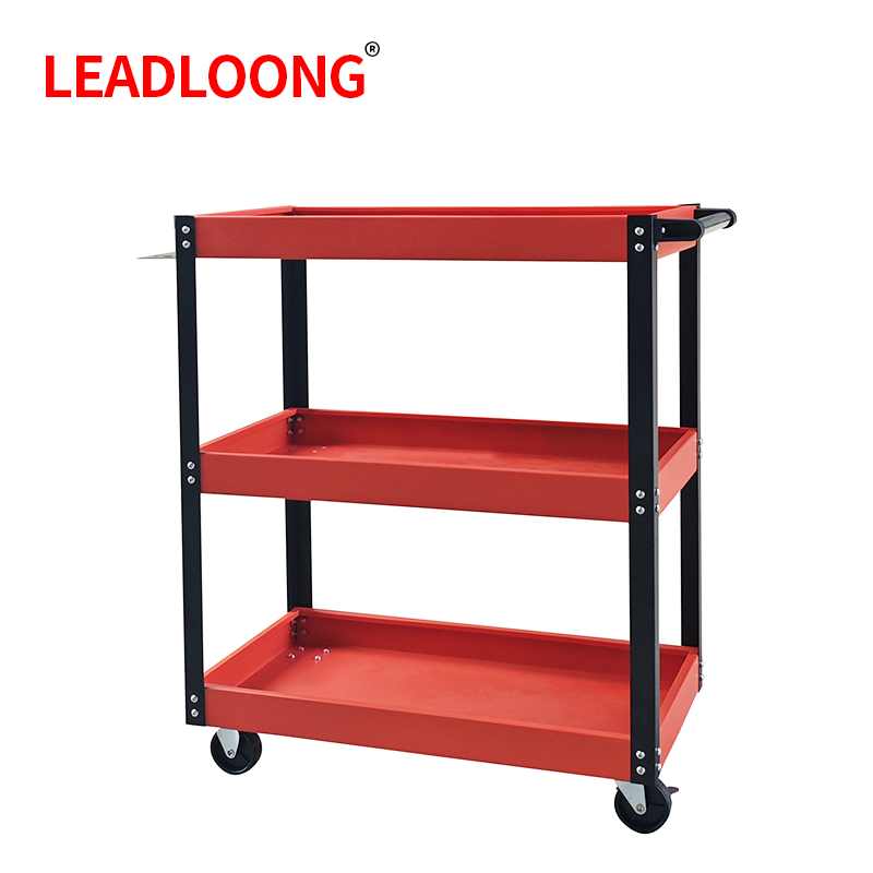 LEADLOONG Car Repair Bench 3 Tier Rolling Tool Cart, 330 Lbs Capacity, Red, 3 Shelves Steel Utility Cart for Garage, Workshop
