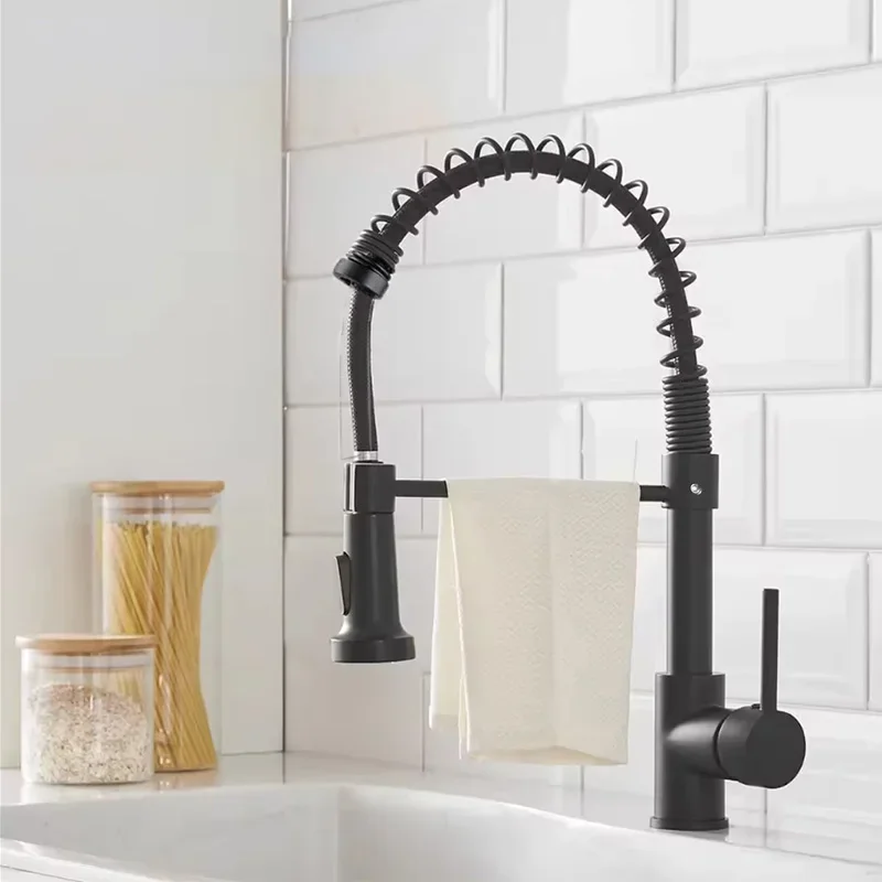 Matt Schwarz Pull Down Küche Wasserhahn Chrom Dual Modi Düse Heiß Kalt Wasser Mixer Kran Wasserhahn Messing Frühling Küche Waschbecken Armaturen