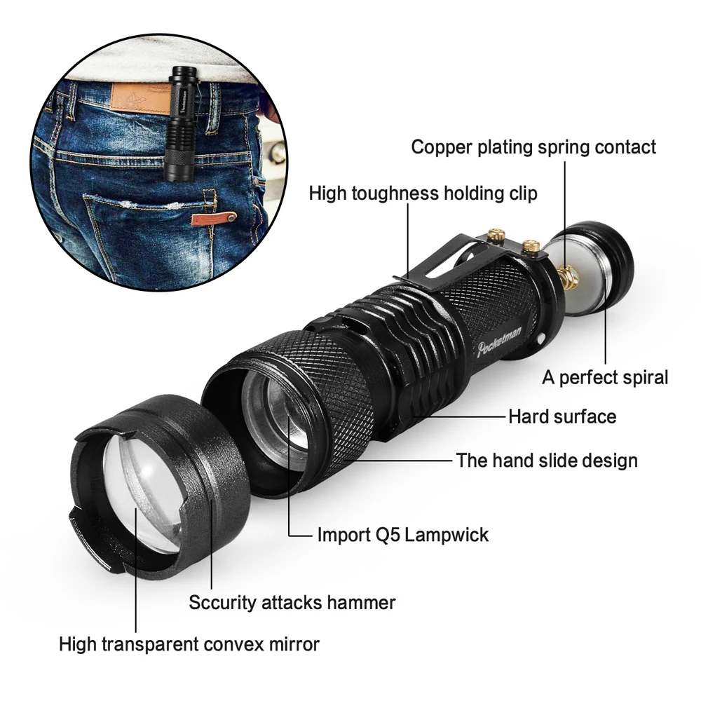 5 Stück Mini-LED-Taschenlampe, hellste taktische Taschenlampen, leistungsstarke LED-Taschenlampe, zoombare Blitzlampe, angetrieben durch AA-Batterien oder 14500