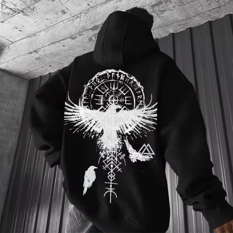 Sudadera con capucha con estampado de tótem vikingo para hombre, Sudadera con capucha de algodón Y2K, patrón de águila suelto, deporte fresco, funcional, a la moda