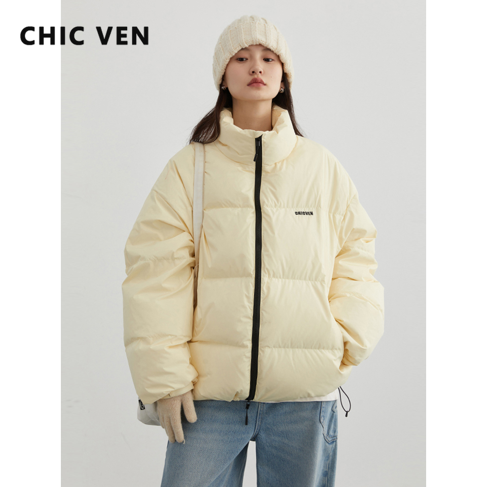 CHIC VEN Damen Daunenmäntel, Streetwear, solide 90er, weiße Entendaunen, Stehkragen, weibliche Daunenjacke, warmer Damenmantel, Winter 2024
