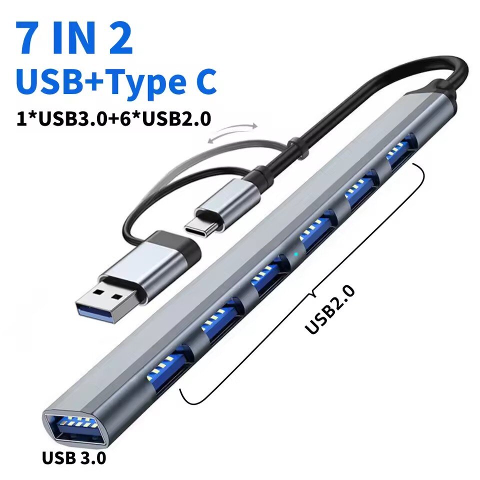 7 Ports USB 3.0 Type C HUB Expander Splitter High Speed OTG Adapter Docking Station For LaptopPC Hard Drive Mouse Keyboard