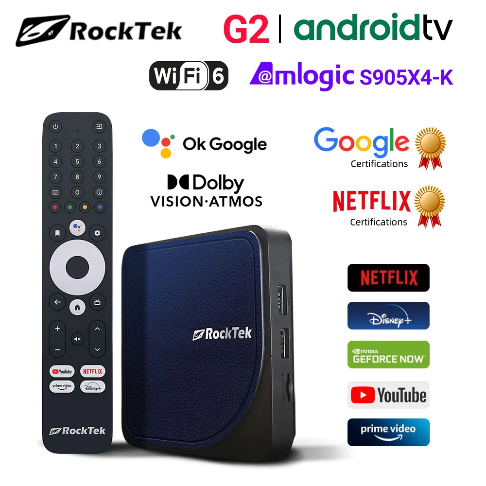 RockTek G2 4K Android TV 12 o 14 ATV Stream Box Netflix Certificado Google Amlogic S905X4-K Compatible con DTS Dolby Audio Dolby Vision
