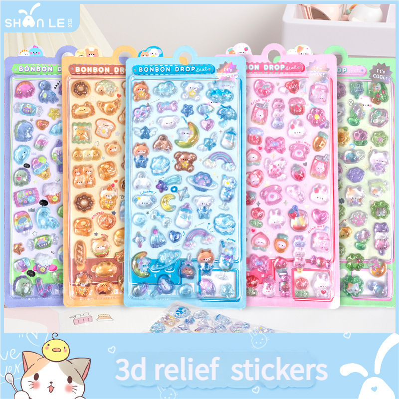 300 Stuks Kawaii Cartoon 3D Relief Sticker Leuke Crystal Jelly Patch voor Mobiele Telefoon Case Spiegel Scrapbook Journal Animal Deco