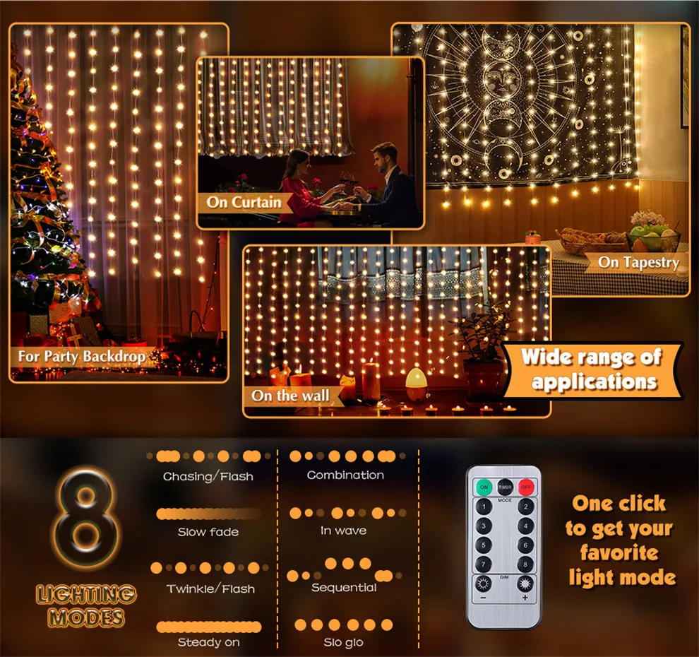Światła świąteczne LED Fairy String Curtain Lights 8 Mode Remote USB Festoon Christmas Decor For Home Holiday New Year Lamp