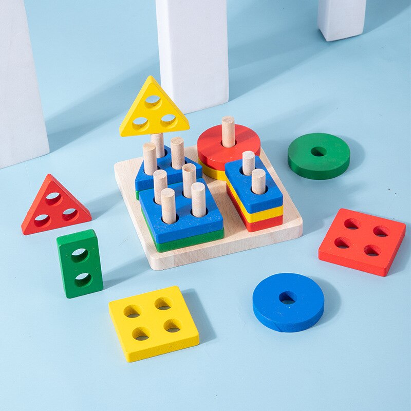 Crianças Quatro Post Modelagem Geométrica Blocos De Construção Brinquedos Montessori Jigsaw Puzzle Ensino Aids Crianças Brinquedos De Madeira