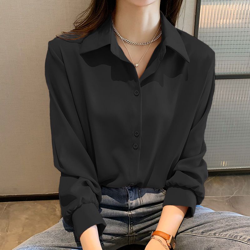 Camisas de chiffon pretas para mulheres primavera novas camisas de manga longa sólida moda coreana blusa feminina simples roupas femininas topos