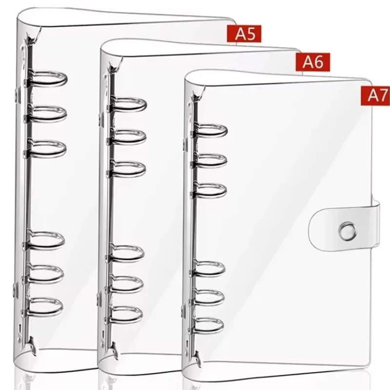 Carpetas de hojas sueltas A7 A6 A5, cubierta transparente de PVC suave de 6 agujeros para cuaderno, bolsa para documentos DIY, funda transparente con botón a presión