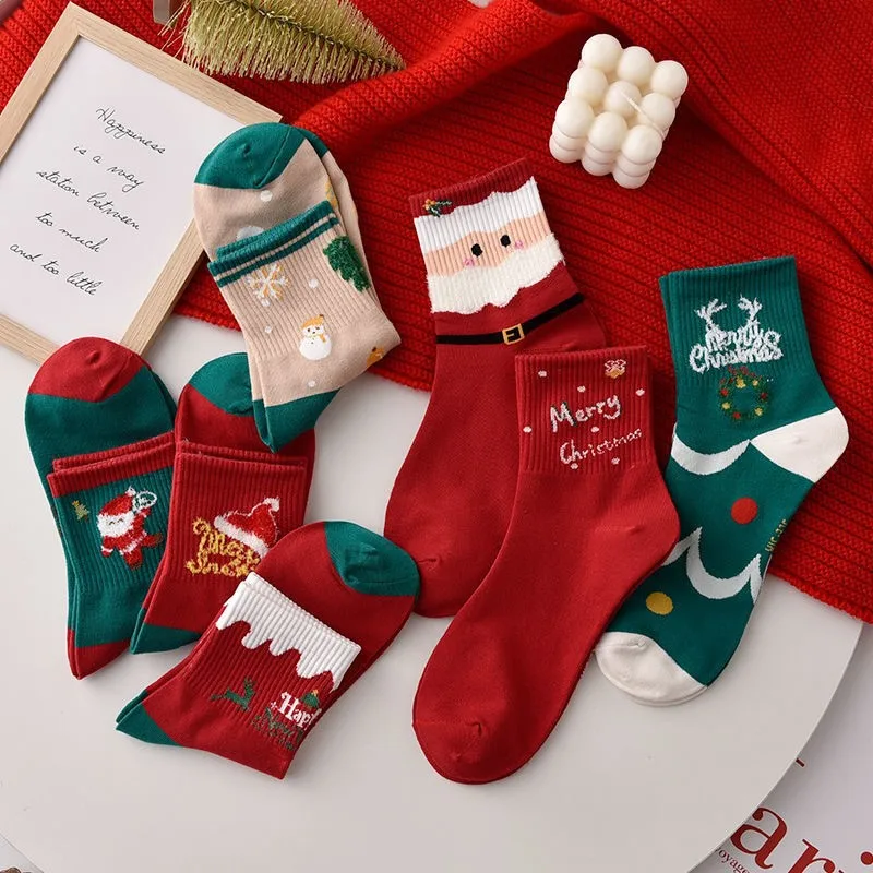 女性用の厚手のカシミヤソックス,5ペア,ランダム,ミドルチューブ,クリスマスギフト,秋冬,卸売