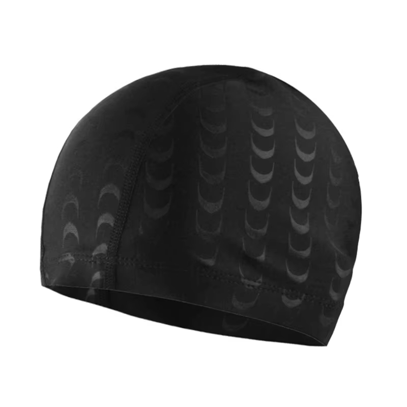 ผู้หญิงผู้ชายหมวกว่ายน้ําสแปนเด็กซ์สีดํา Lightning Shark Skin ตัวอักษรพิมพ์หมวกอาบน้ําหมวกว่ายน้ําอุปกรณ์สระว่ายน้ําสําหรับผู้ใหญ่
