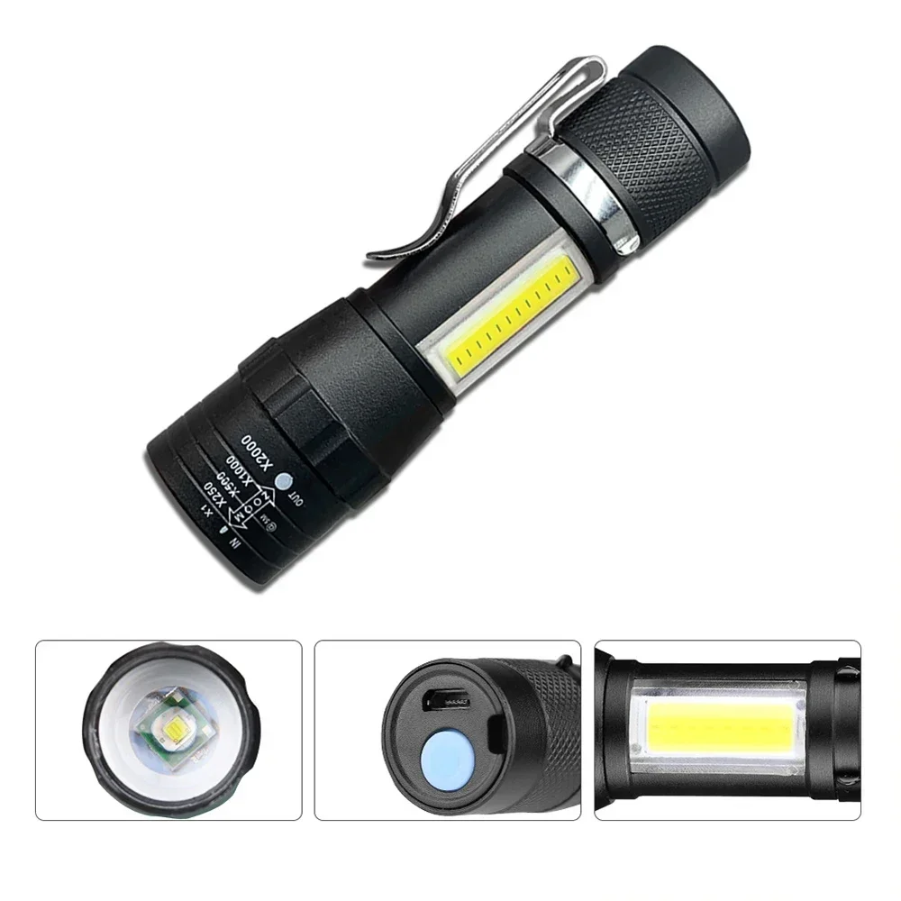 Lanterna LED portátil com bateria embutida, XPE COB Light, lanterna Zoom recarregável, modo 3, anti-derrapante e água