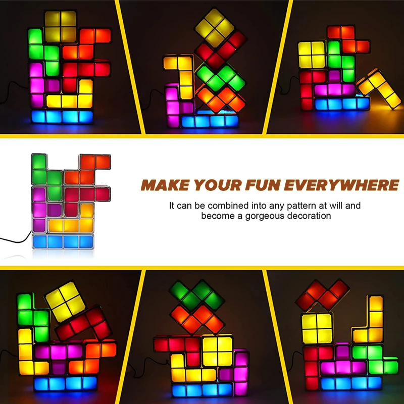 Luz nocturna apilable DIY rompecabezas novedad LED 7 colores 3D Tangram luz hogar dormitorio lámpara de escritorio niños adolescentes regalo de cumpleaños Ideal