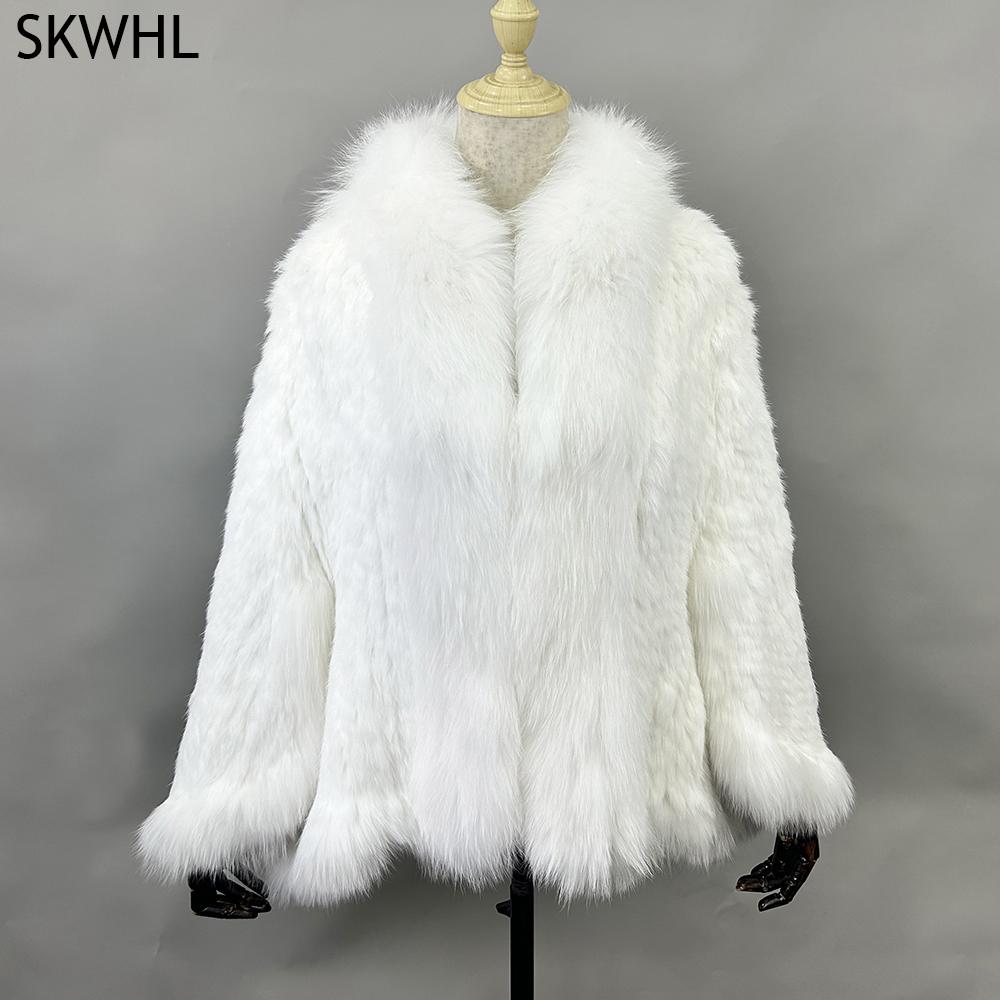 Xales de pele de coelho de malha para mulheres, gola de pele raposa, pashmina, capa nupcial, casaco de outono e inverno, jaqueta genuína para senhoras