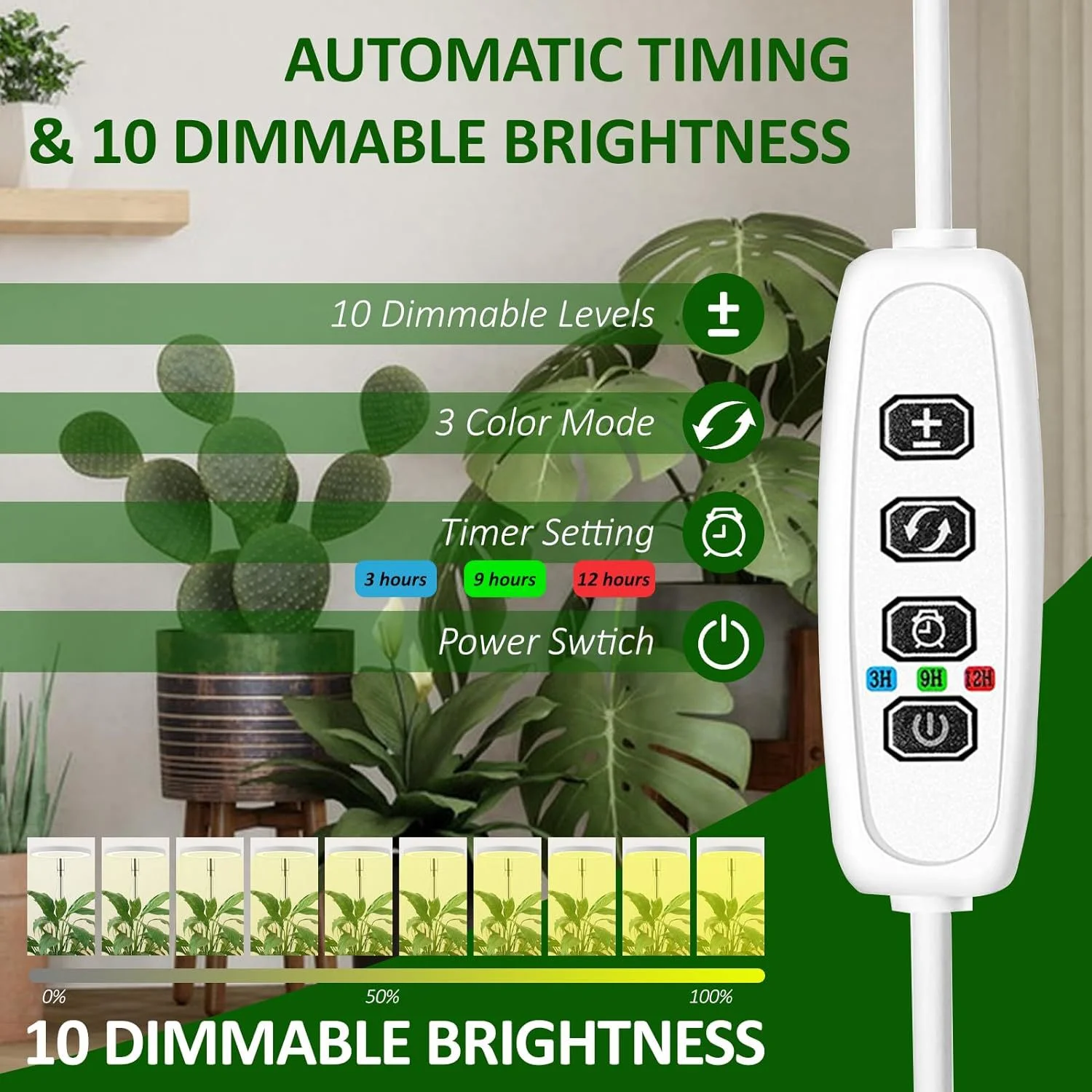 Luz de preenchimento de espectro completo LED cresce a lâmpada com altura ajustável, temporizador 3/9/12H com escurecimento de 10 níveis para jardim de plantas solares internas