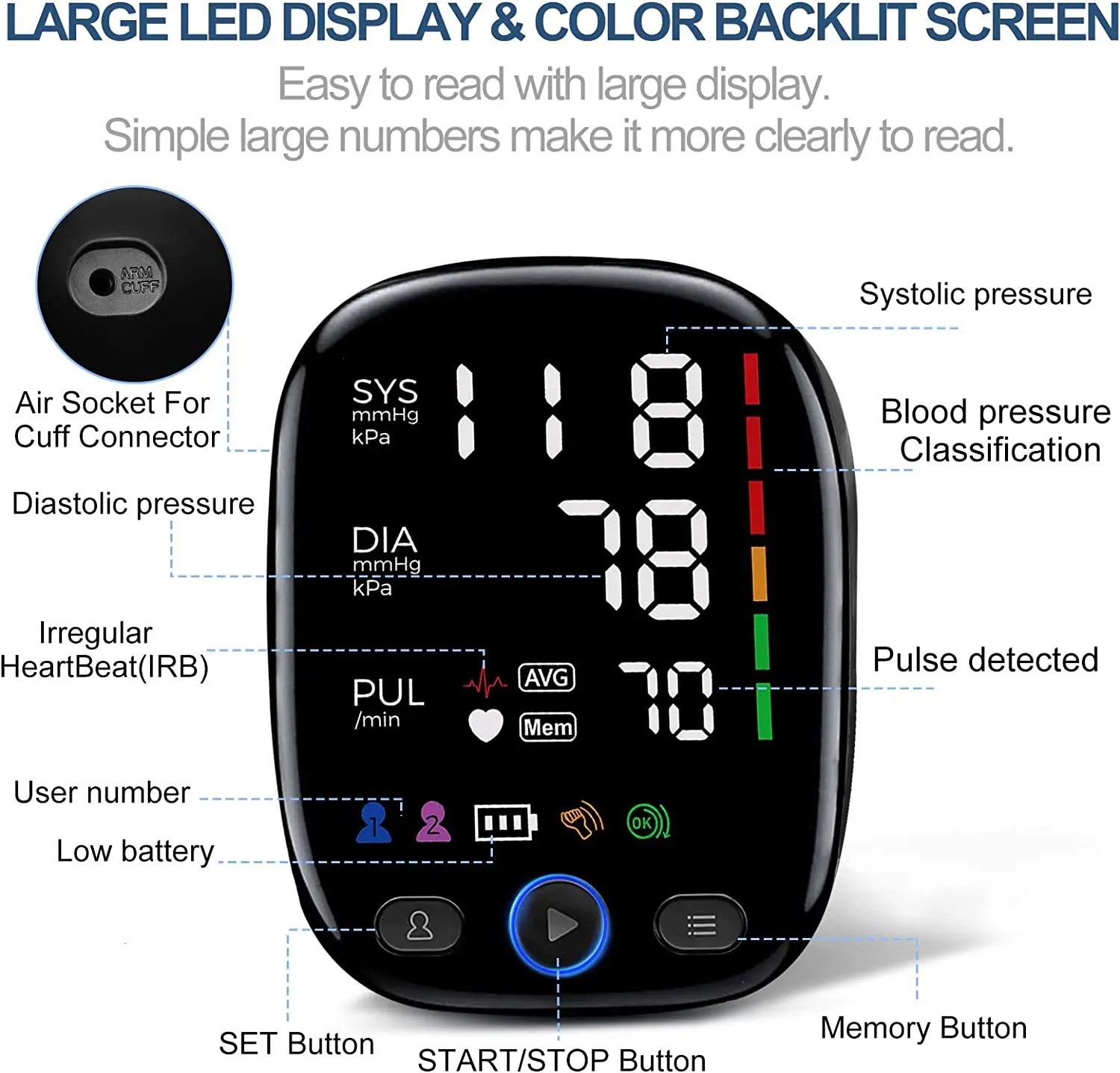 Kingclinic monitor de pressão arterial, braço superior, máquina automática de manguito BP com display LED para uso doméstico, cuidados de saúde