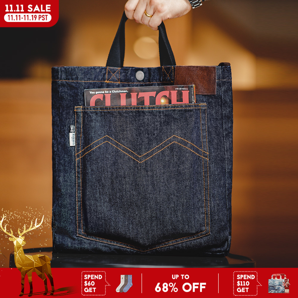 Maden Retro 14oz Denim Bags Unisex Single Shoulder Umhängetaschen bestickte vielseitige handgehaltene Flat-Panel-Tragetaschen für den Alltag