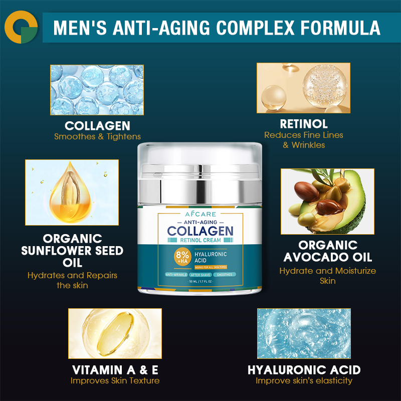 Crema facial para hombres, 8 por ciento de ácido hialurónico, hidratante, Retinol, colágeno, Reduce las líneas finas, día nocturno, cuidado de la piel antiarrugas, 50ML