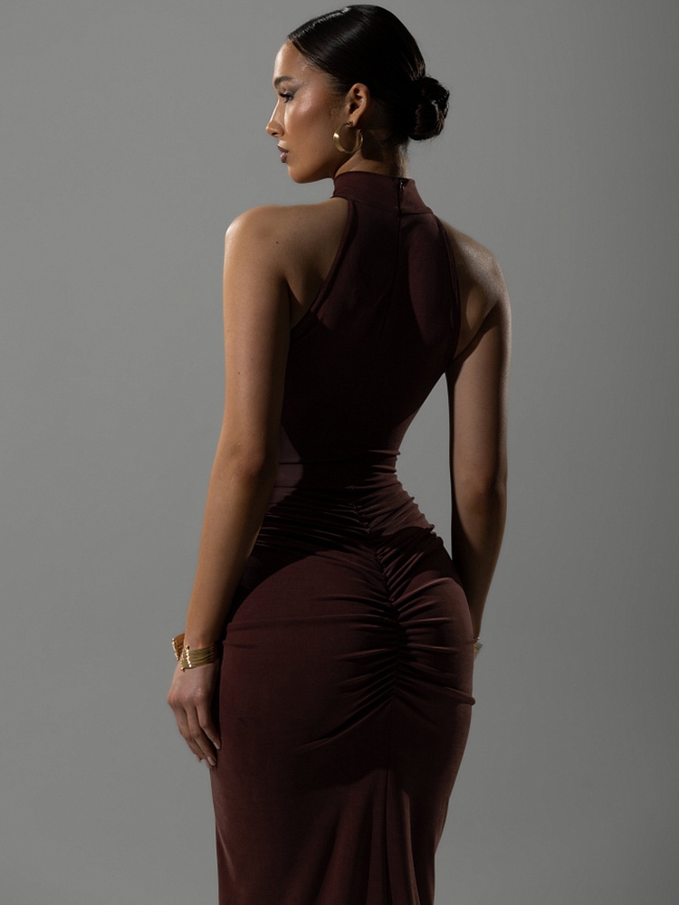 Mozision Halter Geraffte Ärmellose Sexy Maxi Kleid Frauen Kleid Mode Schlanke Hohe Taille Abend Club Party Split Langes Kleid