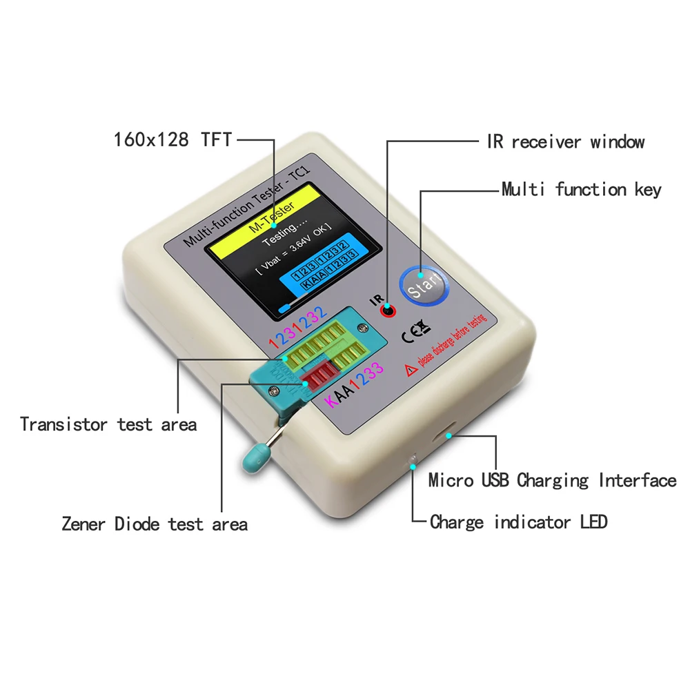 LCR TC1 1,8 pulgadas TFT LCD pantalla multímetro Transistor probador diodo triodo condensador resistencia medidor de prueba