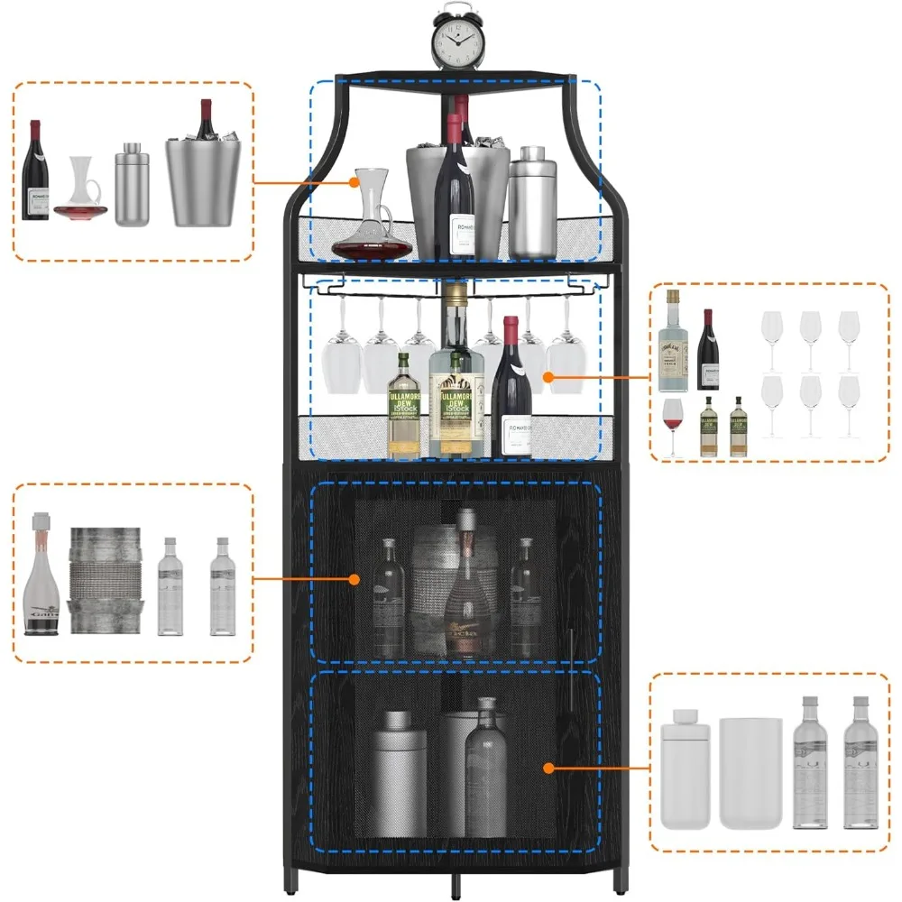 Corner Bar Cabinet, Wine Bar Cabinet with Large Storage Space and Detachable Wine Rack, Wine Cabinets with Glass Holder