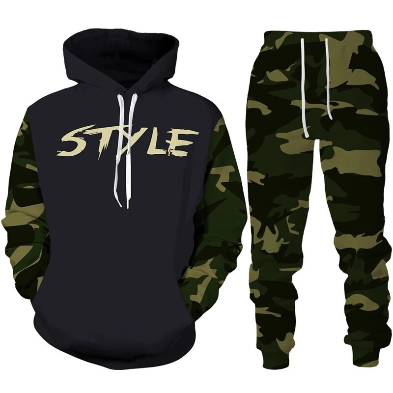 Outono camuflagem 3d impresso moletom com capuz terno masculino moletom moletom casual moda duas peças conjunto de treino roupas masculinas