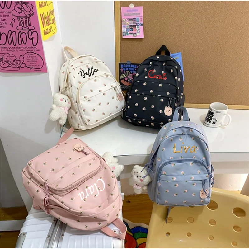 Personalized Name Small Fragmented Flower Backpack Campus Style Women's Small Fresh Rui Camp Travel Bag Large Capacity Backpack