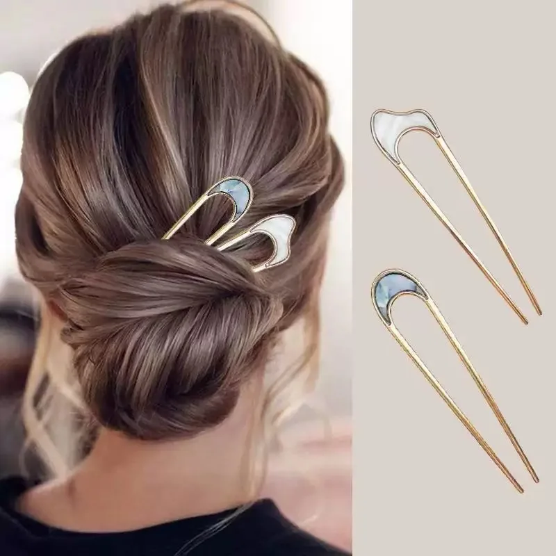 Grampo de cabelo em forma de U de metal para mulheres – com parte superior de concha, design retrô simples